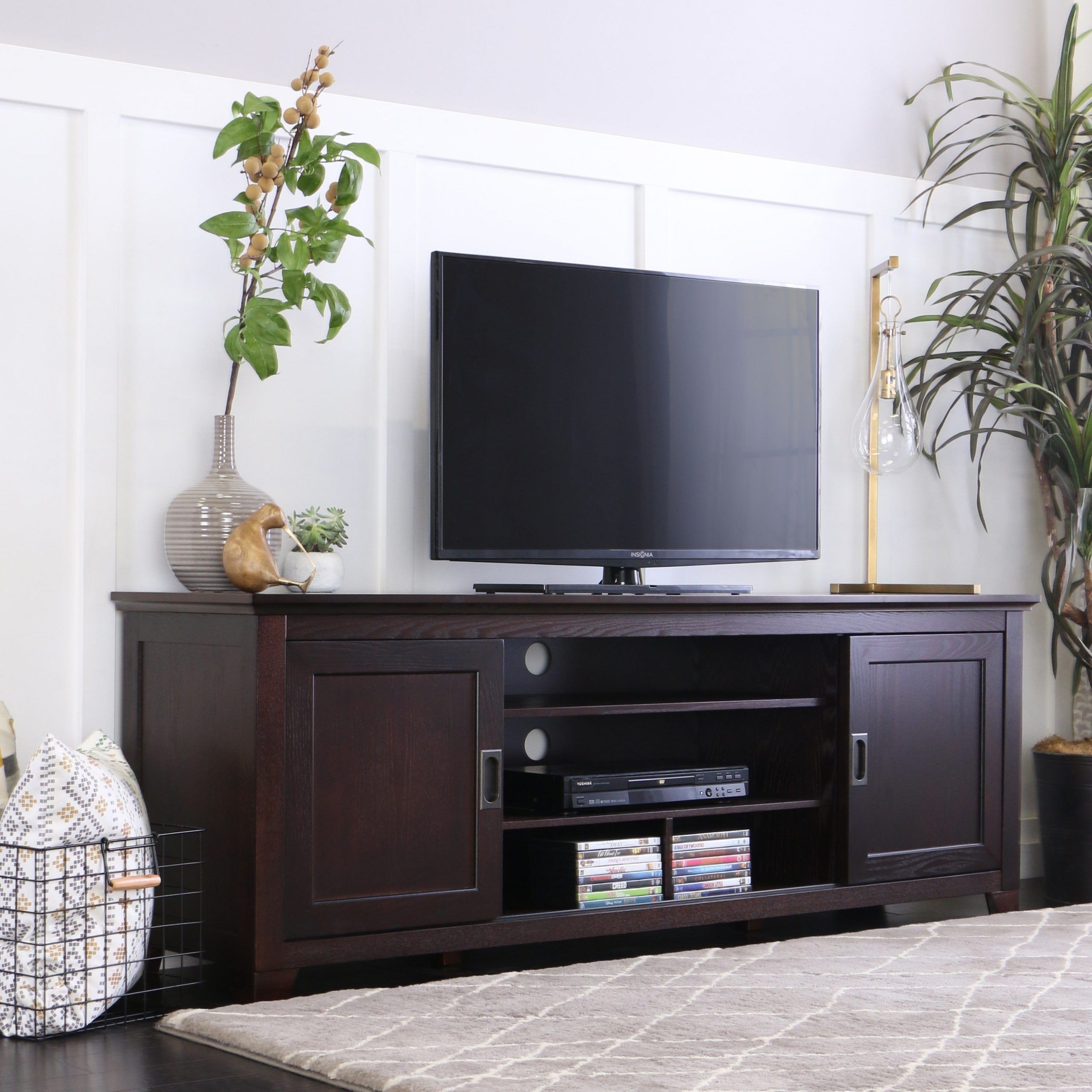 Shop 70 Inch Espresso Wood Tv Stand With Sliding Doors For Oak Tv Cabinets With Doors (View 4 of 15)