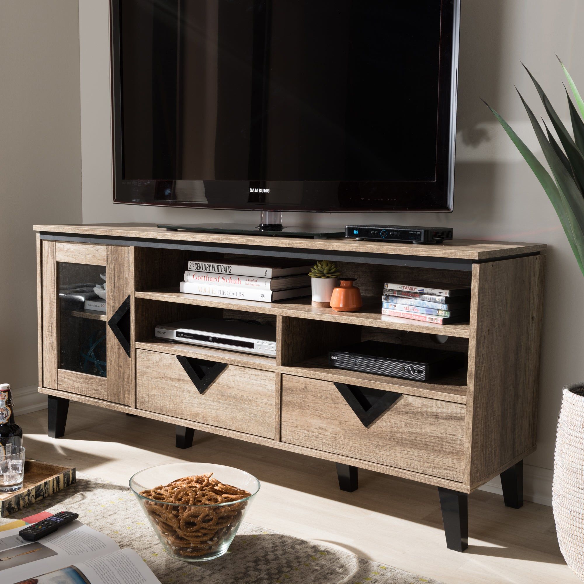 Shop Contemporary Light Brown Wood 2 Drawer 55 Inch Tv Inside Wood Tv Stands (View 5 of 15)