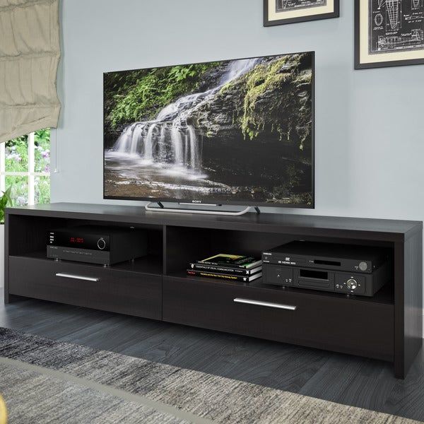 Shop Corliving Fernbrook Black Faux Wood Tv Stand – Free Regarding Dark Wood Tv Cabinets (View 14 of 15)