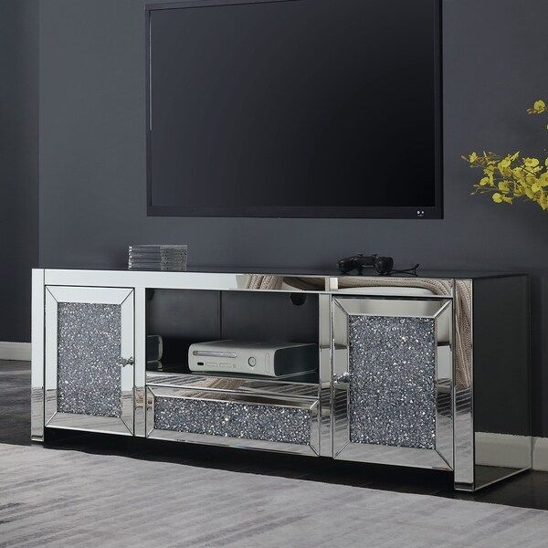 Shop Furniture Of America Huck Glam 59 Inch Sliver Acrylic Regarding Mirrored Tv Cabinets Furniture (View 11 of 15)