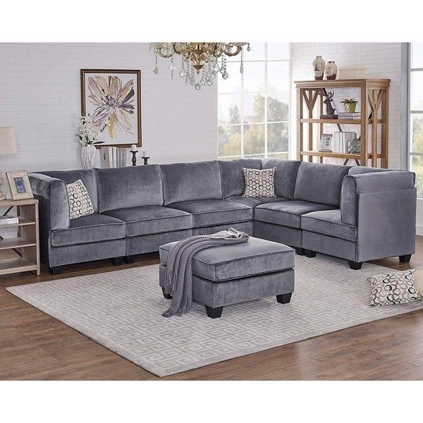 Shop Simona Gray Velvet 7pc Modular Sectional Sofa – On For Strummer Velvet Sectional Sofas (View 6 of 15)