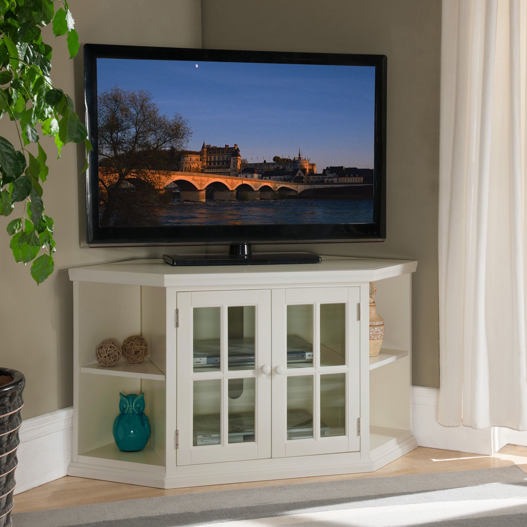 Shop White 46 Inch Corner Tv Stand With Bookcases – Free With Priya Corner Tv Stands (Photo 12 of 15)