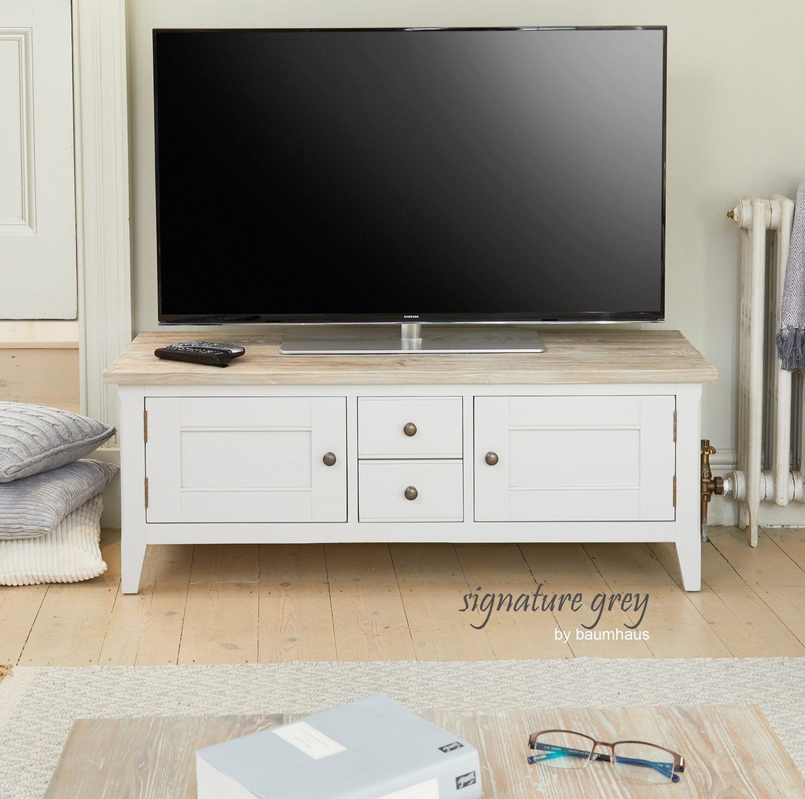 Signature Grey Widescreen Television Stand – Mango Wood Intended For Widescreen Tv Stands (Photo 3 of 15)