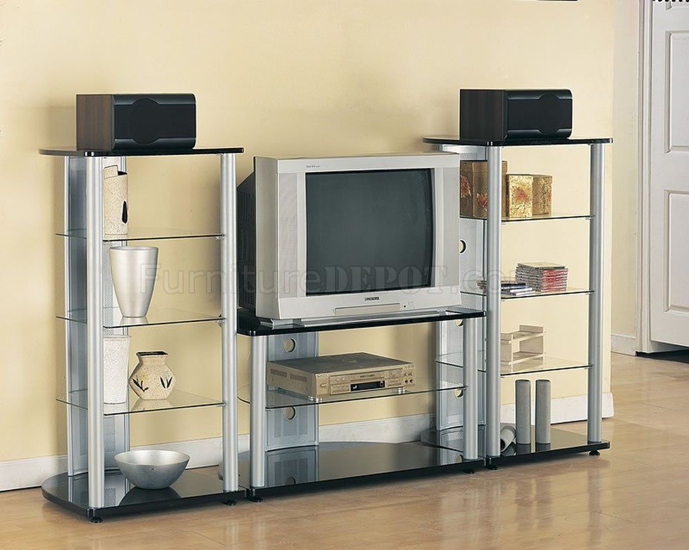 Silver & Black Modern Tv Stand W/black Glass Shelves Inside Modern Black Tv Stands On Wheels With Metal Cart (View 14 of 15)