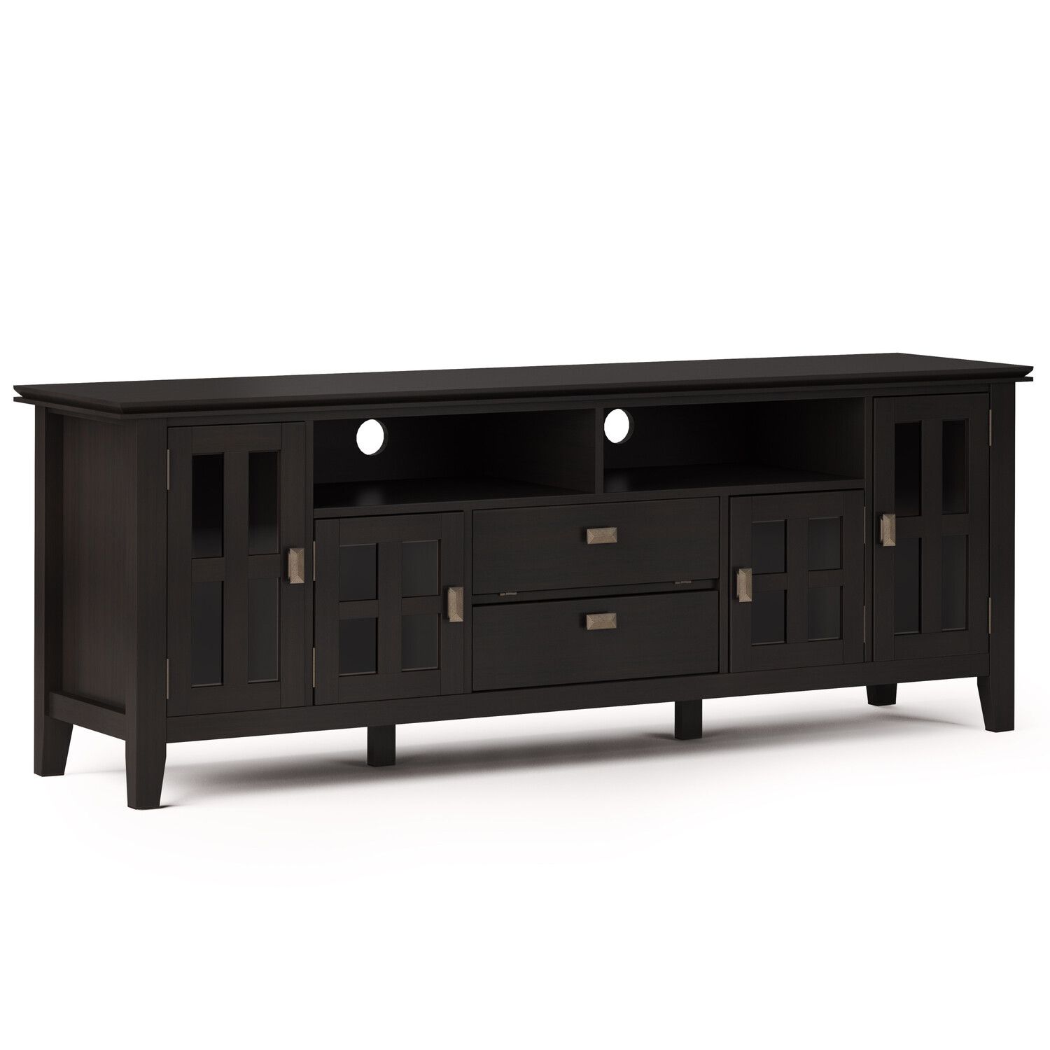 Simpli Home Artisan Solid Wood 72 Inch Wide Contemporary Throughout Greenwich Wide Tv Stands (View 10 of 15)