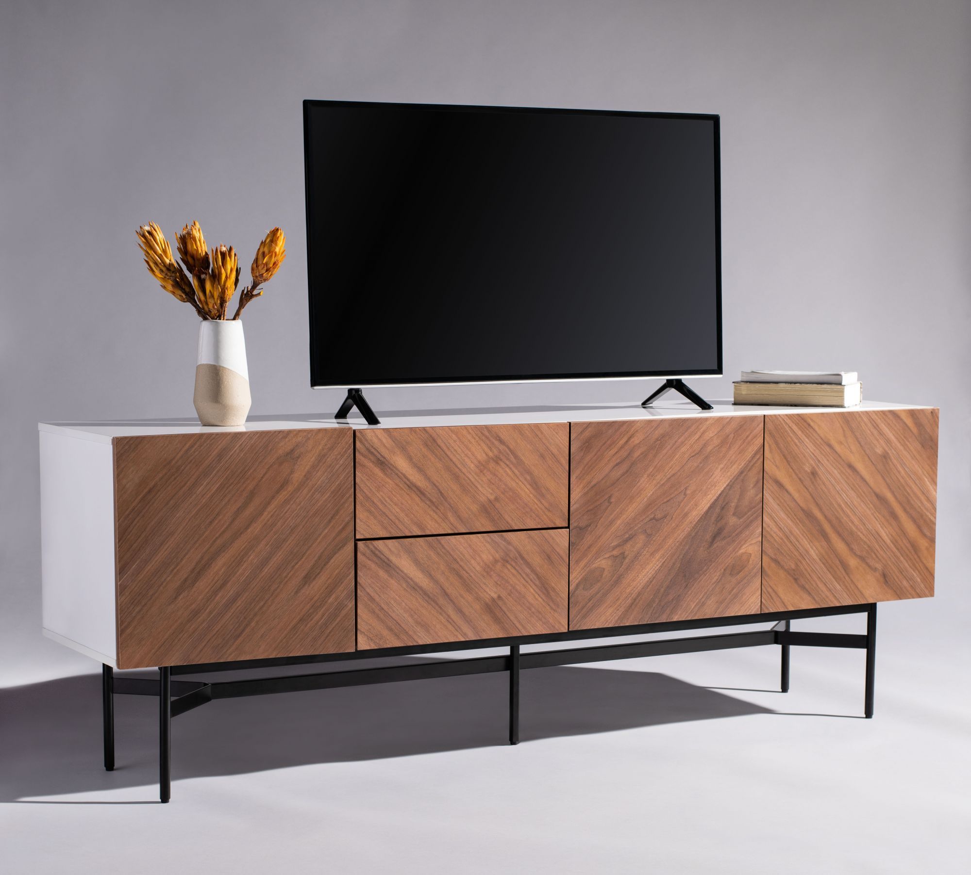 Skip Wood Tv Stand Regarding Modern Mobile Rolling Tv Stands With Metal Shelf Black Finish (View 3 of 15)