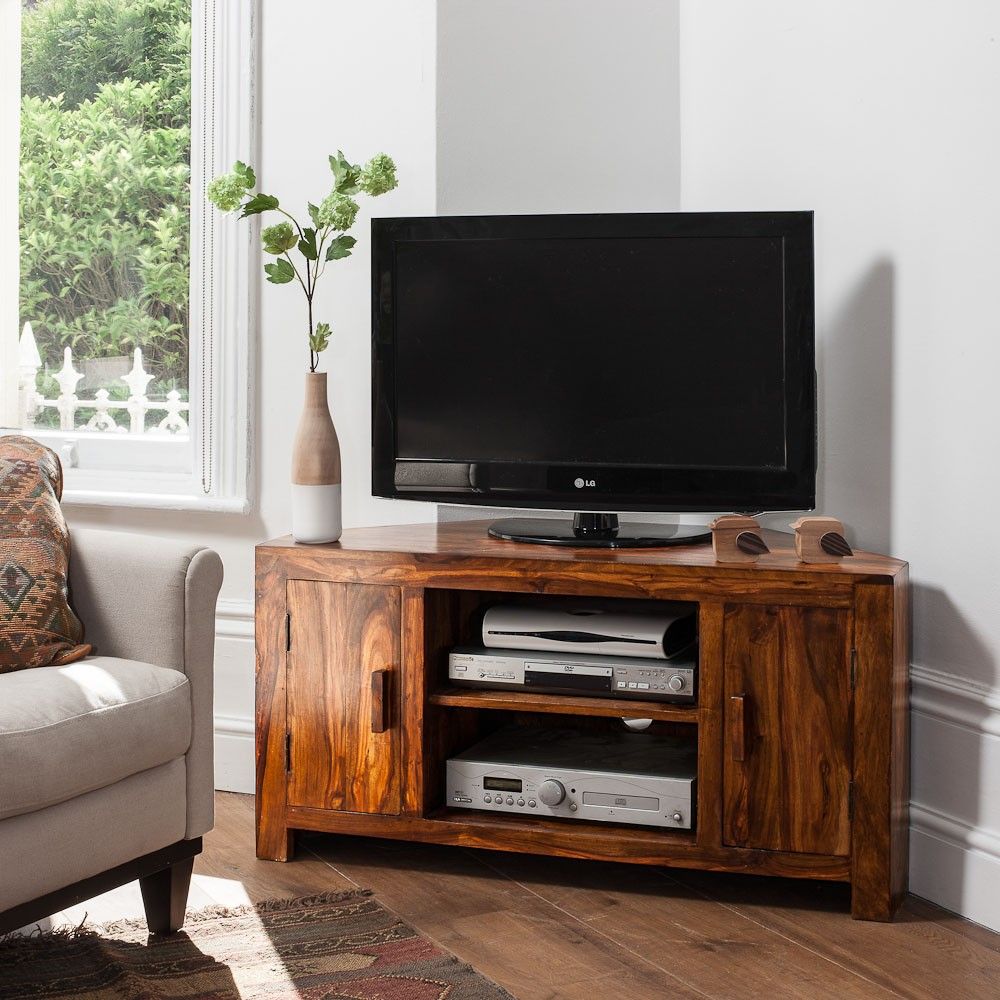 Solid Sheesham Wood Television Stand | Corner Tv Unit Inside Sheesham Wood Tv Stands (View 10 of 15)
