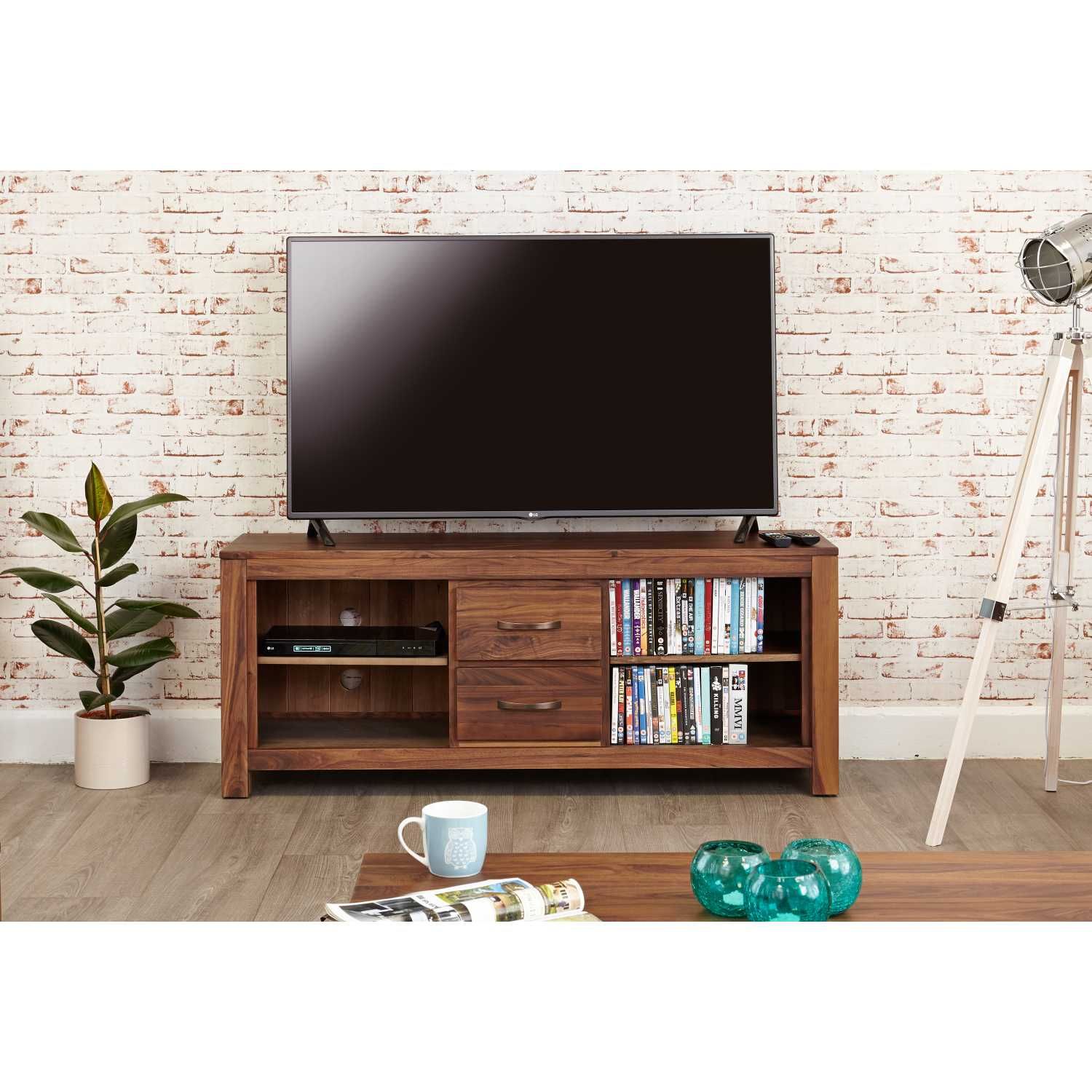 Solid Walnut Widescreen Television Cabinet Tv Media Unit Pertaining To Tv Stands With 2 Open Shelves 2 Drawers High Gloss Tv Unis (View 9 of 15)
