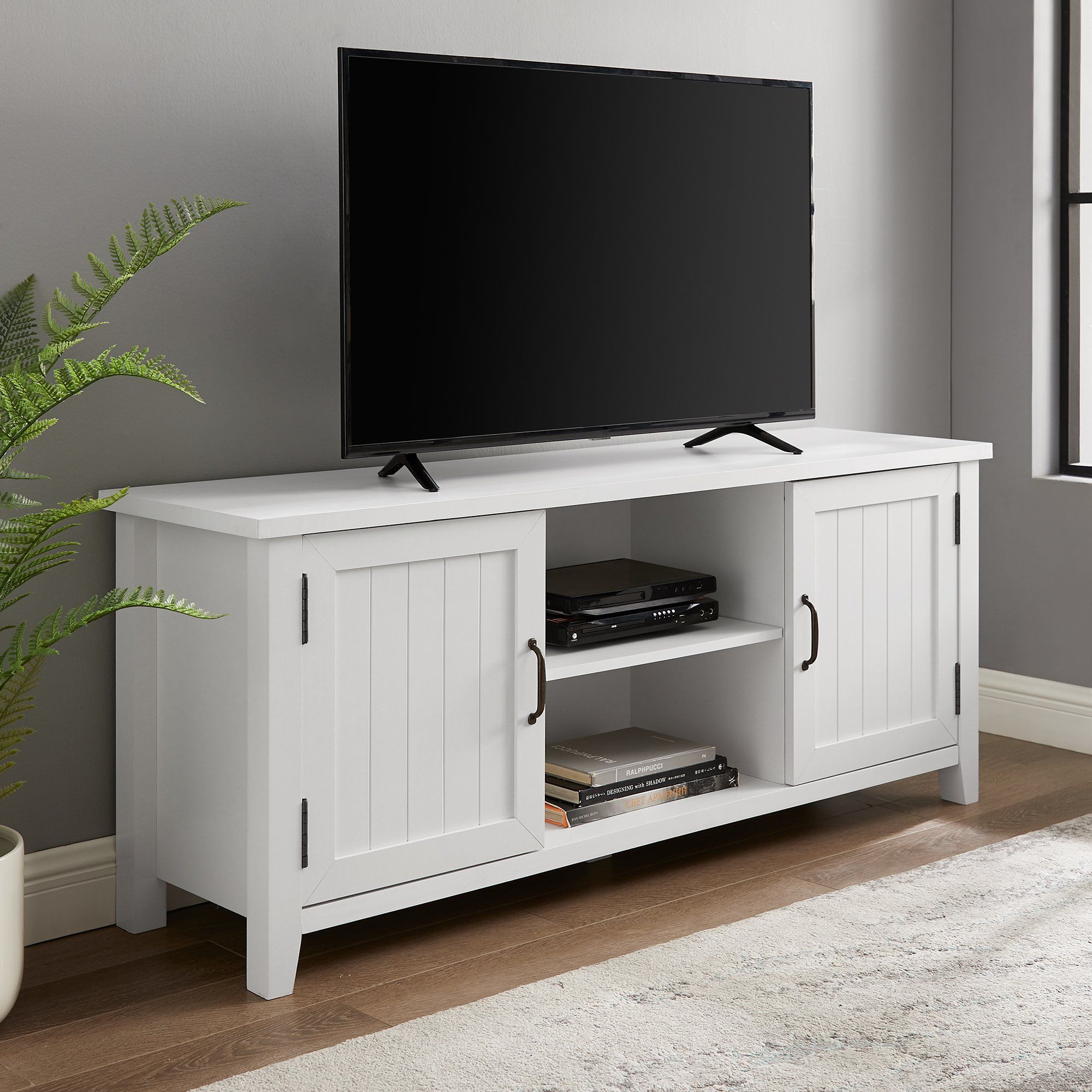 Solid White 58 Inch Grooved Door Tv Stand – Coastal Pertaining To Walker Edison Farmhouse Tv Stands With Storage Cabinet Doors And Shelves (View 2 of 15)