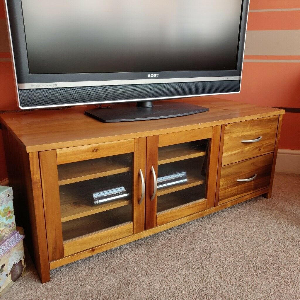 Solid Wood Tv Cabinet With Glass Doors, 2 Shelves & 2 Pertaining To Wood Tv Stand With Glass Top (View 4 of 15)