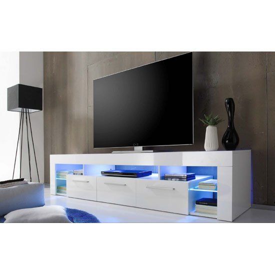 Sorrento Large Tv Stand In White High Gloss With Blue Led In Led Tv Cabinets (View 15 of 15)