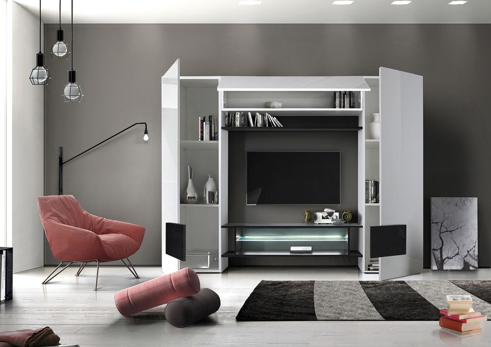 Sorriso Wall Unit White Gloss With Grey/black/natural And In Black Gloss Tv Wall Unit (Photo 15 of 15)