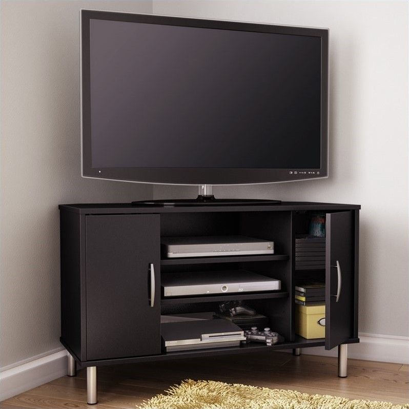 South Shore Renta Corner Pure Black Tv Stand | Ebay Pertaining To Dark Wood Corner Tv Cabinets (View 10 of 15)