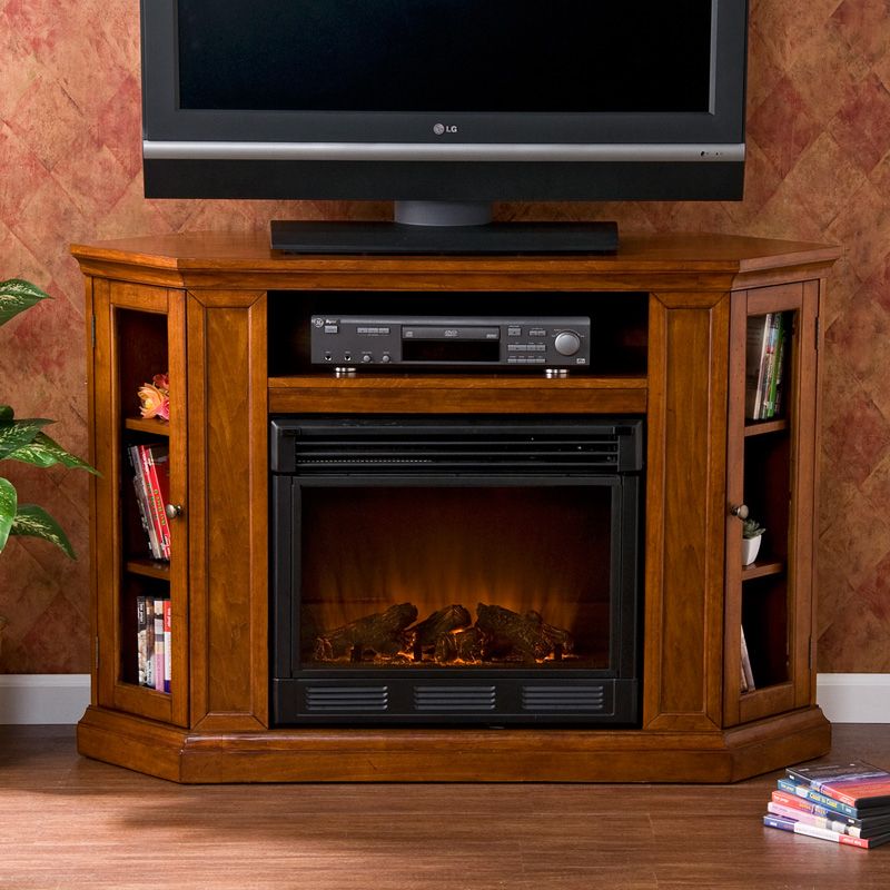 Southern Enterprises Claremont Brown Mahogany Media Within Electric Fireplace Tv Stands With Shelf (Photo 3 of 15)