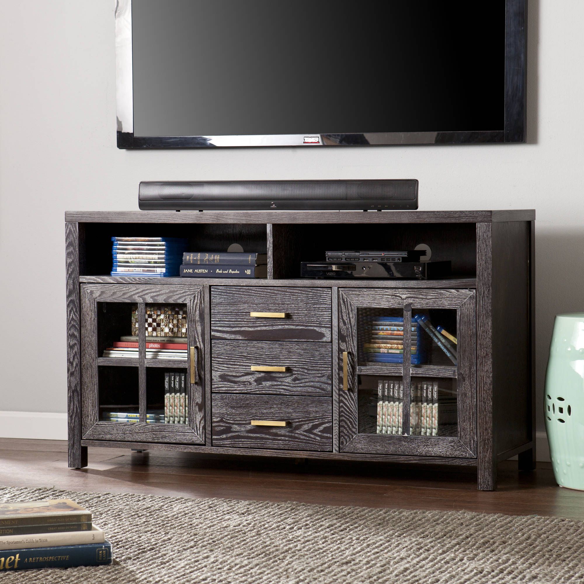 Southern Enterprises Konwick Weathered Dark Gray Tv Stand Intended For Grey Wooden Tv Stands (Photo 6 of 15)