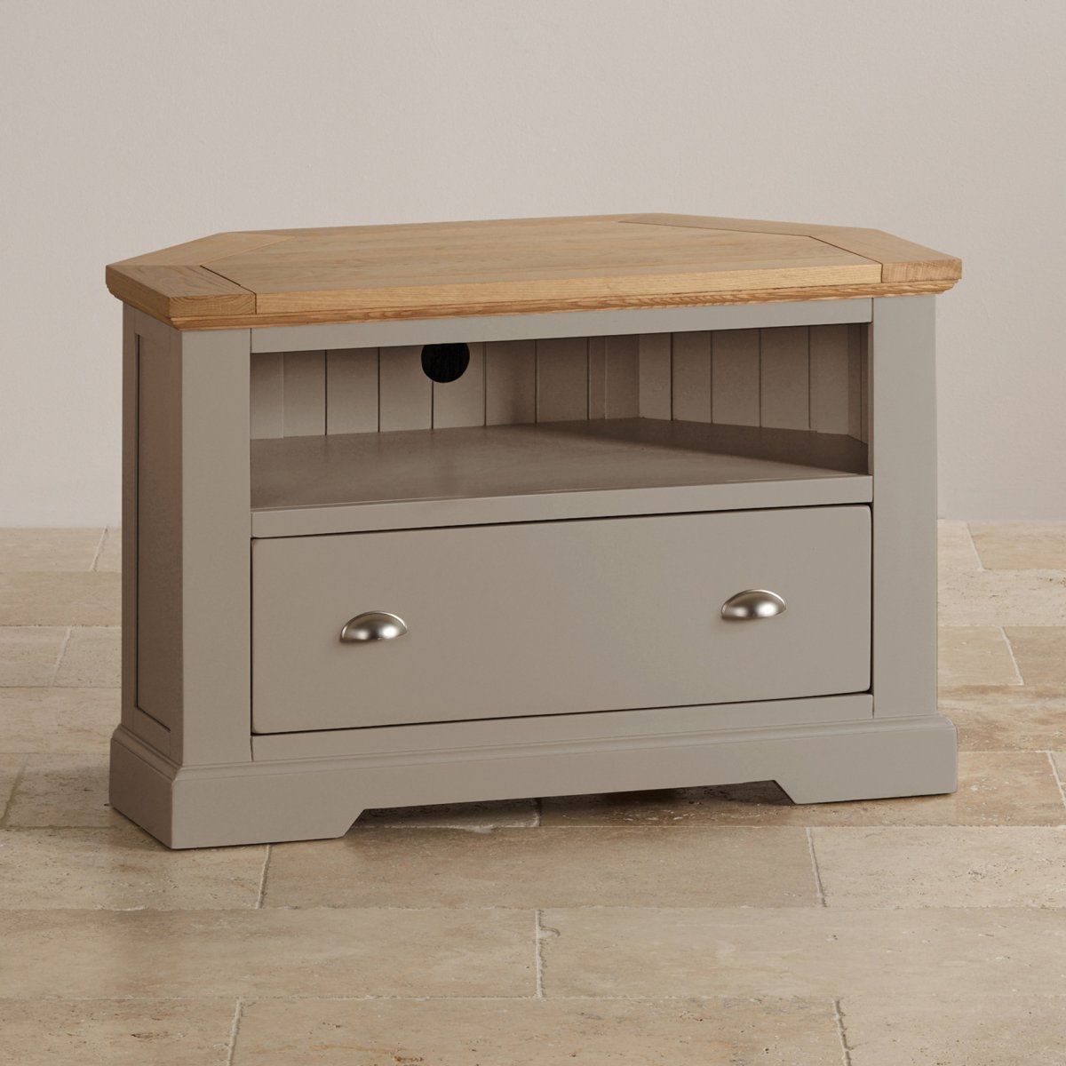 St Ives Corner Tv Unit In Grey Painted Acacia With Oak Top For Grey Corner Tv Stands (Photo 4 of 15)
