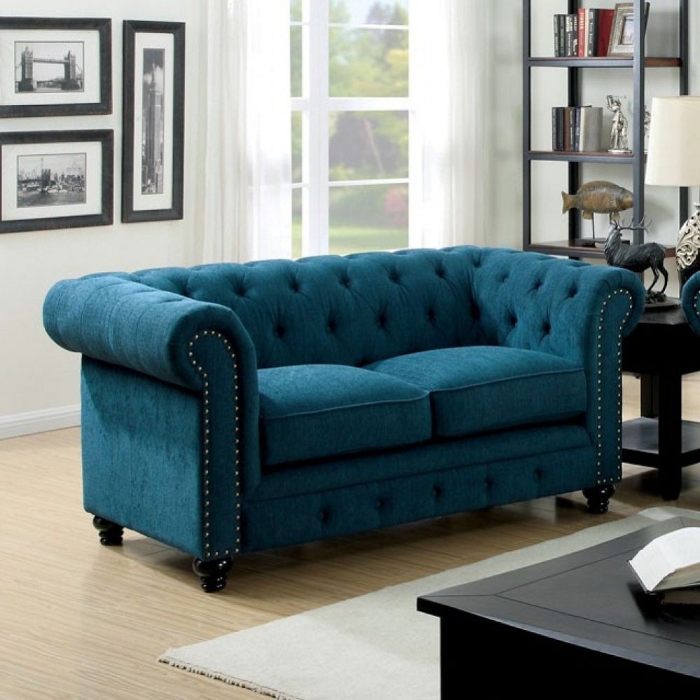 Stanford Dark Teal Fabric Loveseat Within 3pc Polyfiber Sectional Sofas With Nail Head Trim Blue/gray (View 3 of 15)