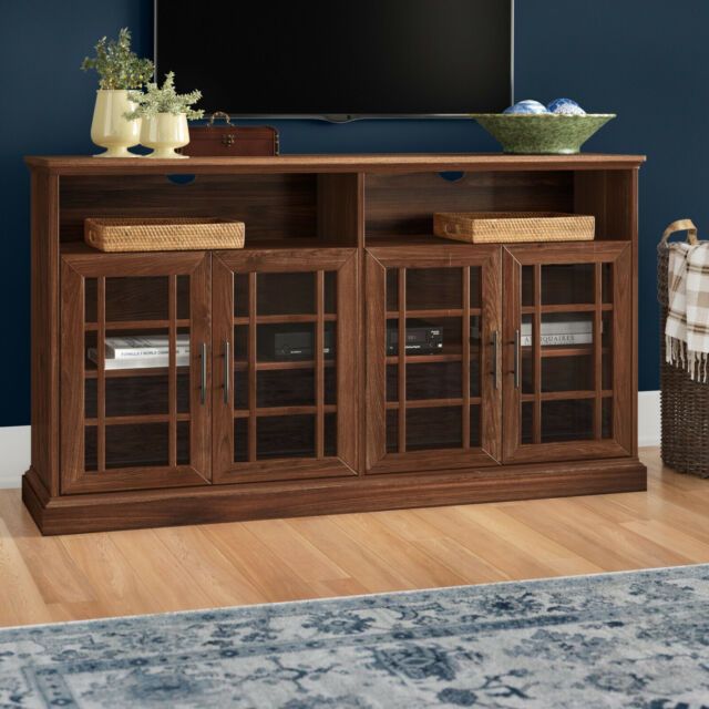 Sunray Tv Stand Glass Doors Open Shelves Storage Classic With Regard To Modern Tv Stands In Oak Wood And Black Accents With Storage Doors (Photo 4 of 15)
