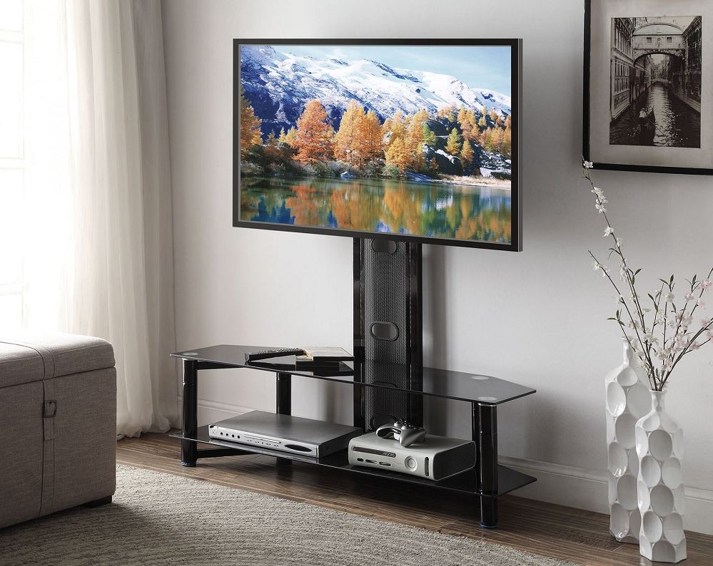 Taijo Black Glass Tv Stand With Flat Panel Mount Throughout Black Glass Tv Cabinet (View 5 of 15)