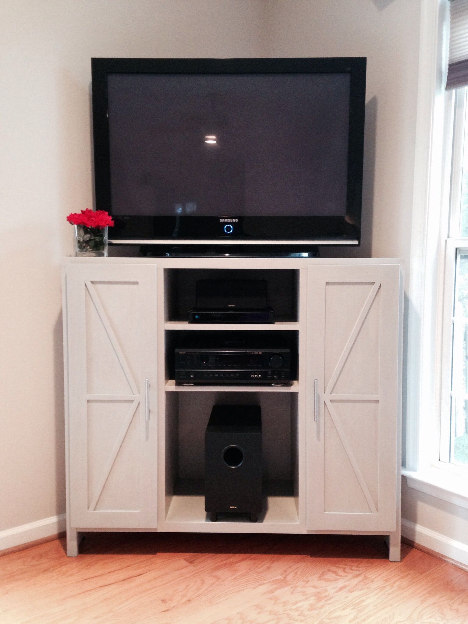 Tall Corner Media Console Barn Door Twist | Do It Yourself With Regard To White Tall Tv Stands (View 11 of 15)