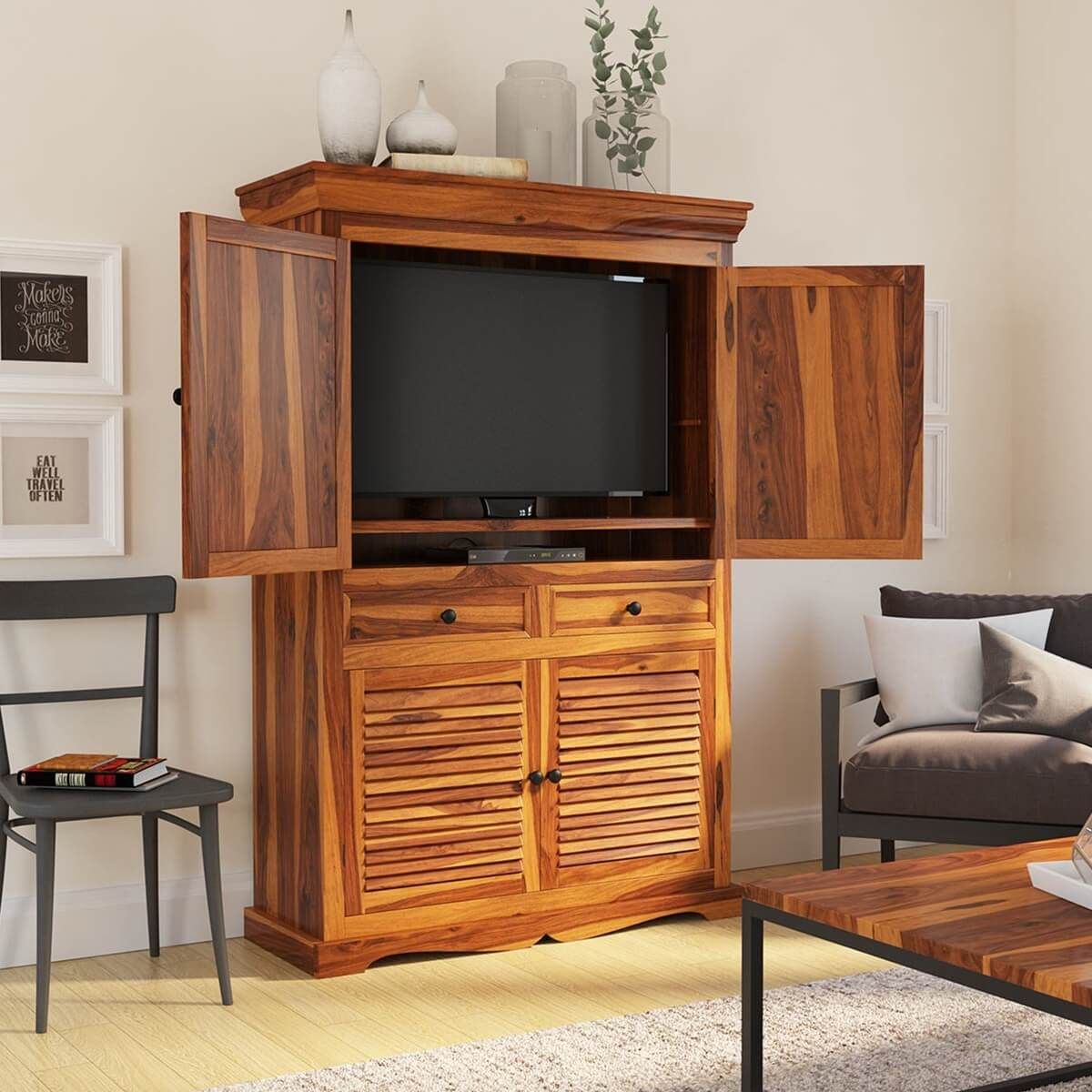 Tanay Louvered Doors Rustic Large Solid Wood Tv Armoire Throughout Oak Tv Cabinet With Doors (Photo 3 of 15)