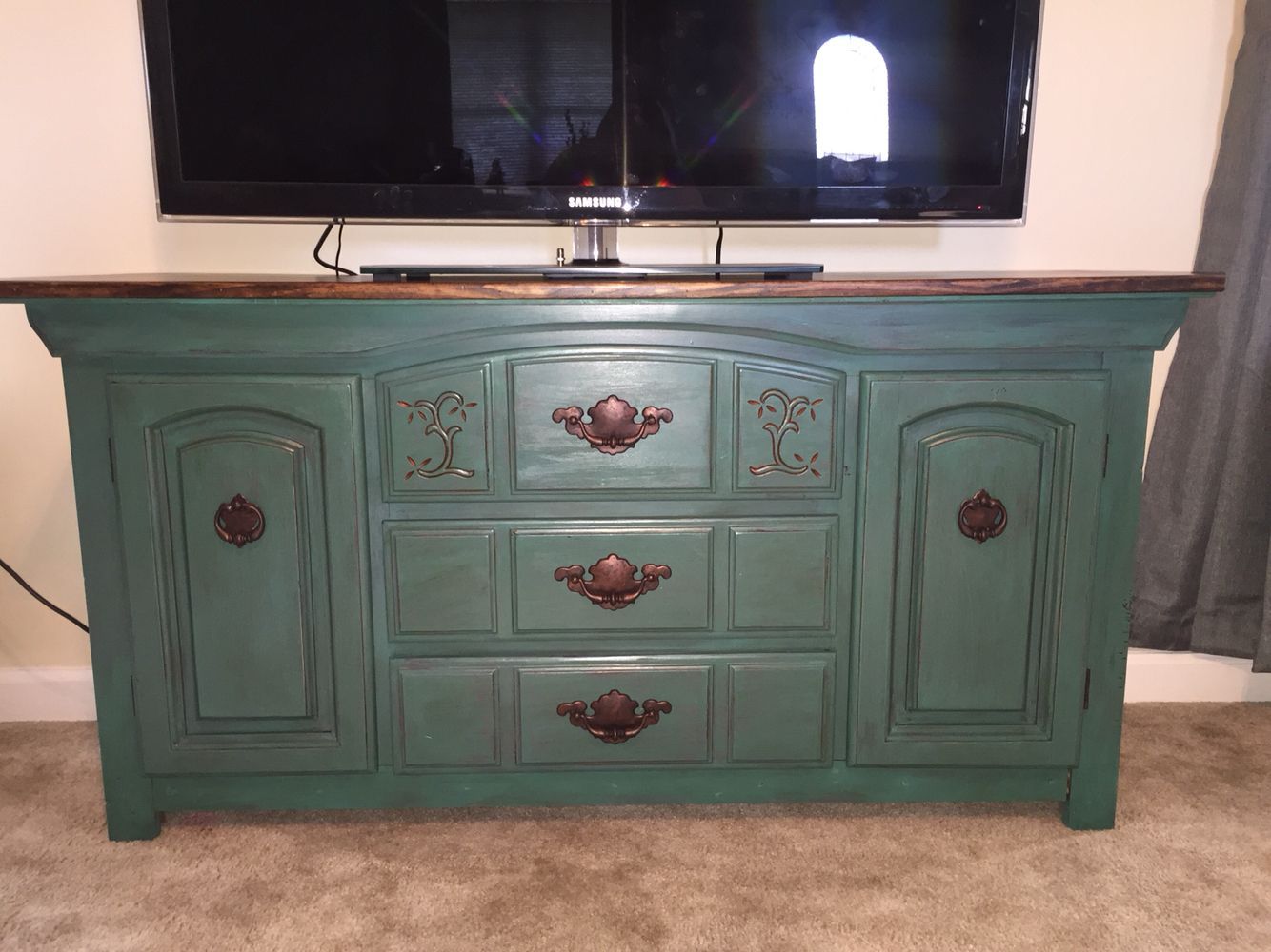 Teal Green Painted Dresser Turned Tv Stand!! | Painted Intended For Green Tv Stands (Photo 13 of 15)