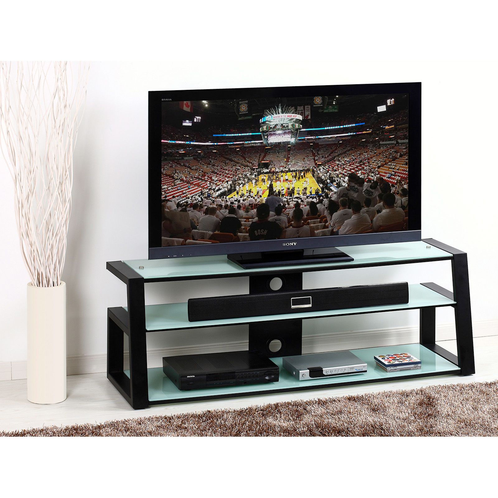 Techni Mobili Modern Tempered Frosted Glass Tv Stand With Black Glass Tv Stands (Photo 4 of 15)