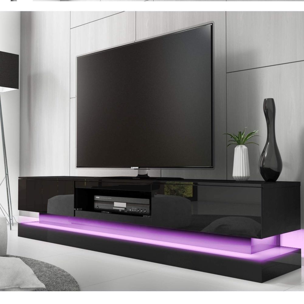 Television Media Unit Glossy Black Color Led Lighting With Red Gloss Tv Stands (View 4 of 15)