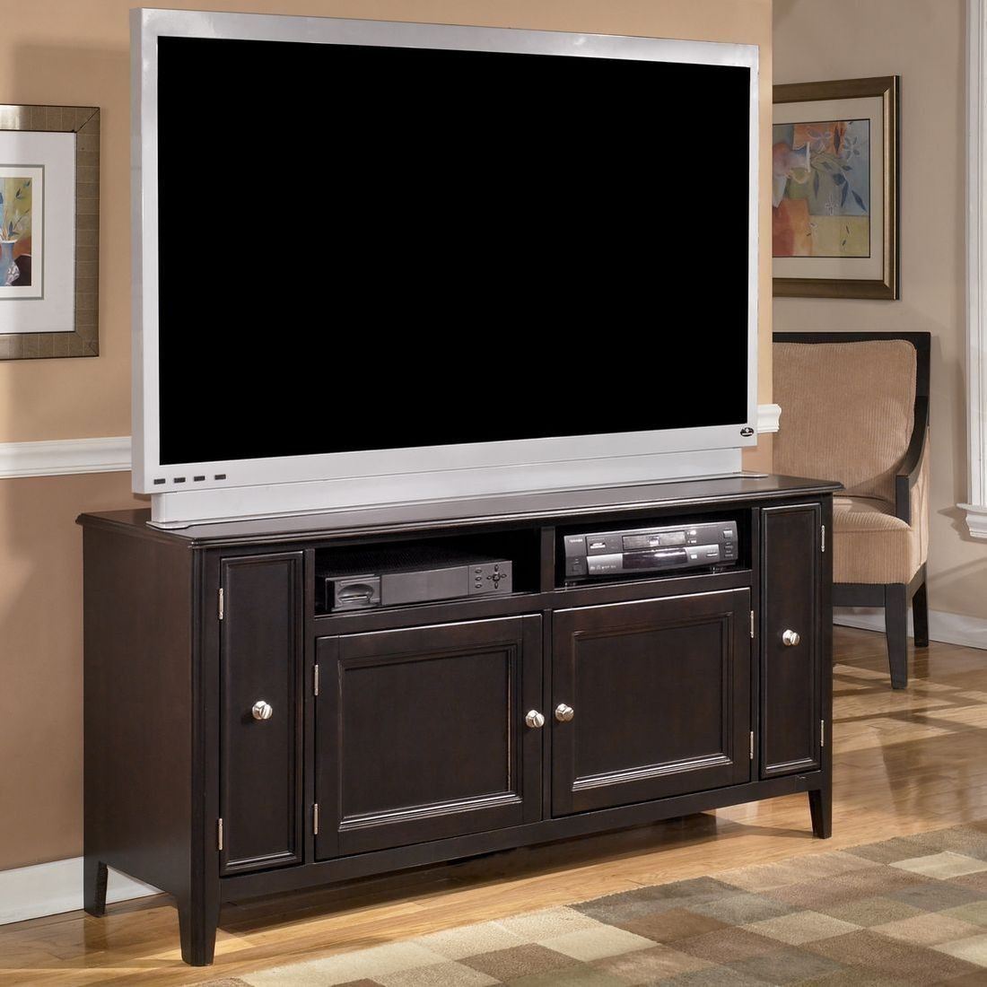 The Sleek Styling Of The Contemporary "carlyle Pertaining To Wide Tv Stands Entertainment Center Columbia Walnut/black (View 13 of 15)