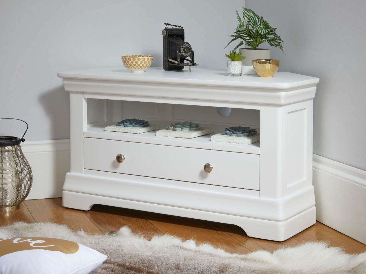 Toulouse White Painted Corner Tv Unit With Drawer | Fully Throughout White Painted Tv Cabinets (View 8 of 15)