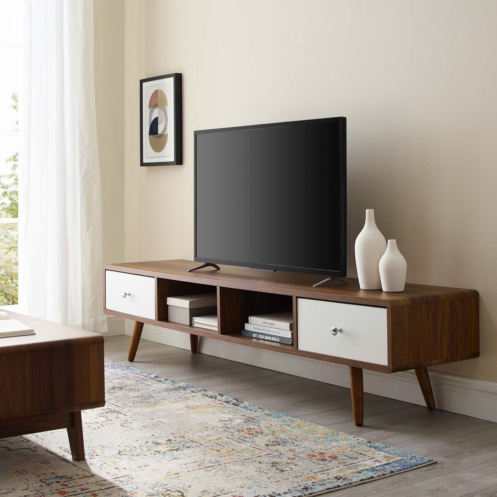 Transmit Walnut White 70 Inch Media Console Wood Tv Stand Throughout White Tv Stands (View 8 of 15)