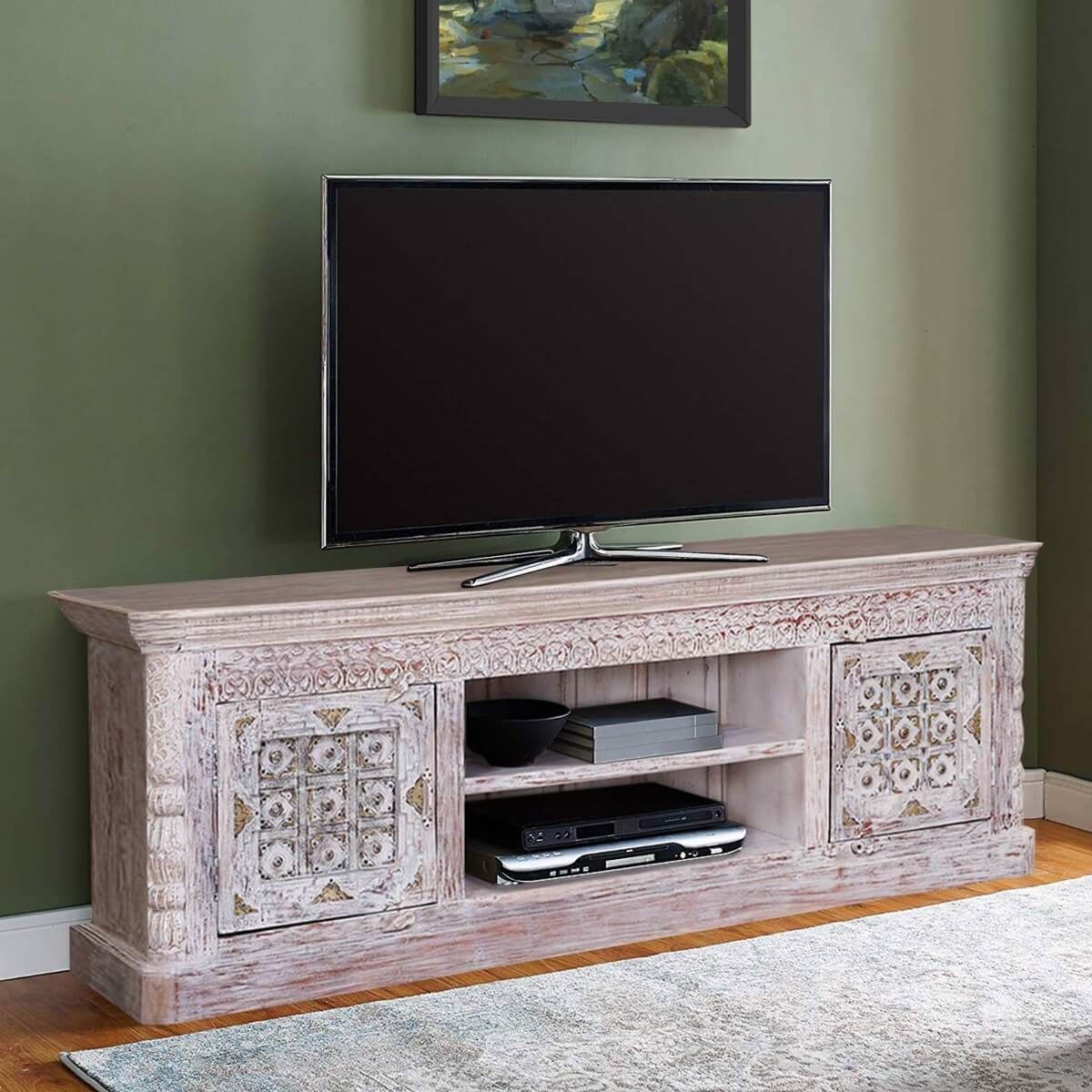 Treytan White Washed Distressed Wood Traditional Tv Stand In White Wood Tv Cabinets (View 3 of 15)