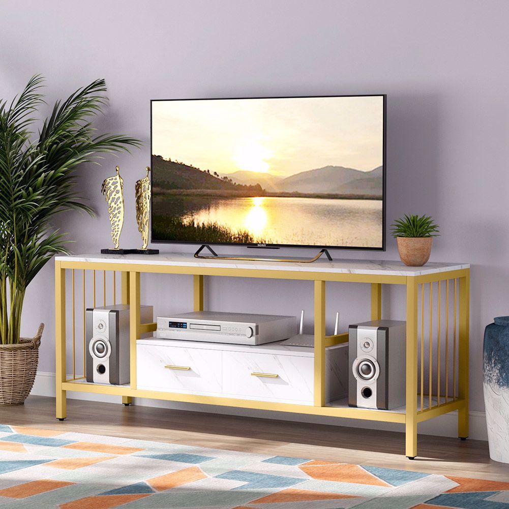 Tribesigns Gold Tv Stand With Drawers, 55 Inches Modern Inside Manhattan 2 Drawer Media Tv Stands (Photo 3 of 15)