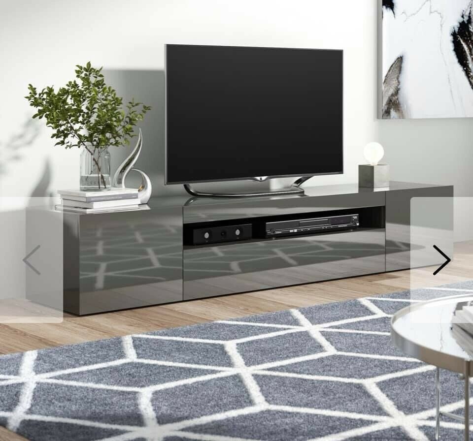 Tv Stand Cabinet Gloss Grey 200cm Wide | In Sheffield With Regard To Carbon Wide Tv Stands (View 3 of 15)