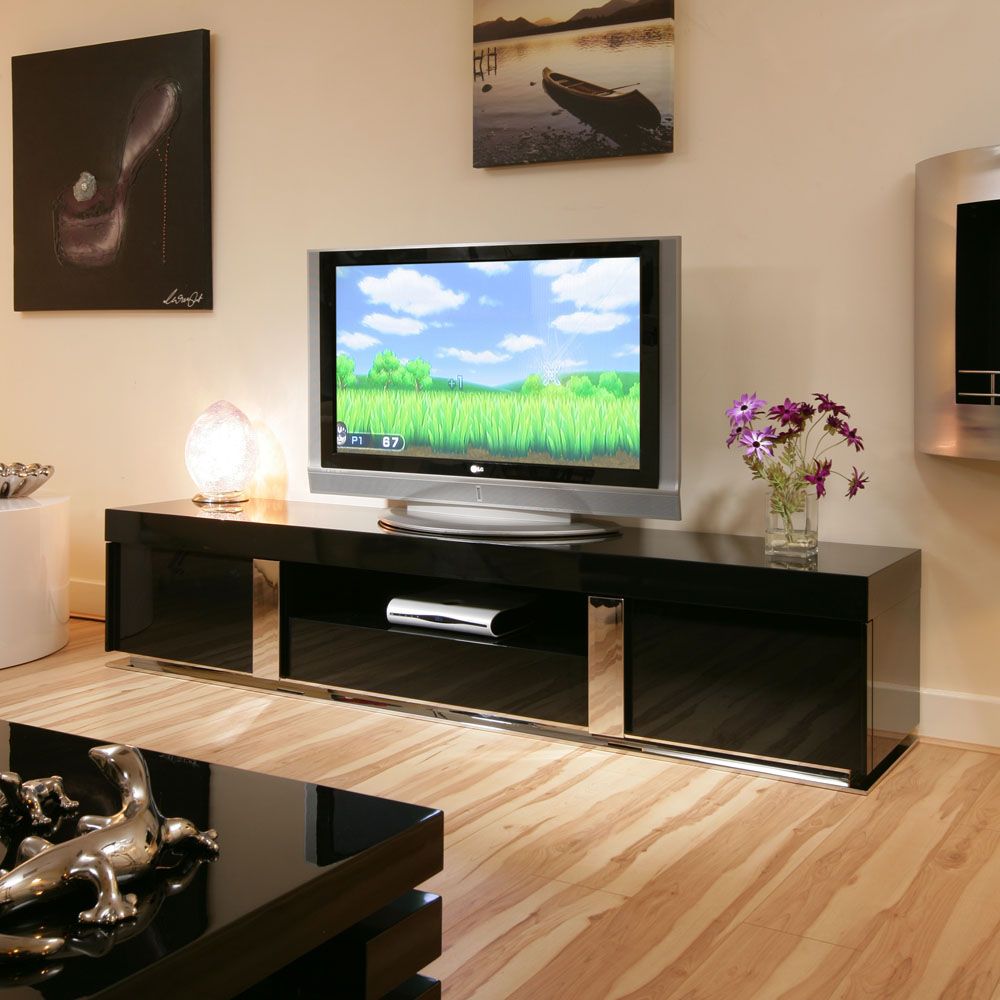 Tv Stand / Cabinet / Unit Large 2.2mtr Black Gloss For Contemporary Tv Cabinets (Photo 8 of 15)