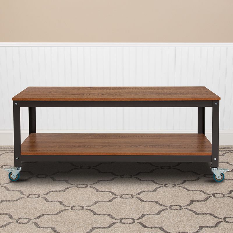 Tv Stand In Brown Oak Wood Grain Finish With Metal Wheels Intended For Wooden Tv Stand With Wheels (Photo 10 of 15)