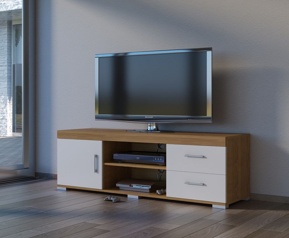 Tv Stand Widescreen 2 Drawers 1 Door Oak White Gloss Throughout Widescreen Tv Stands (Photo 8 of 15)