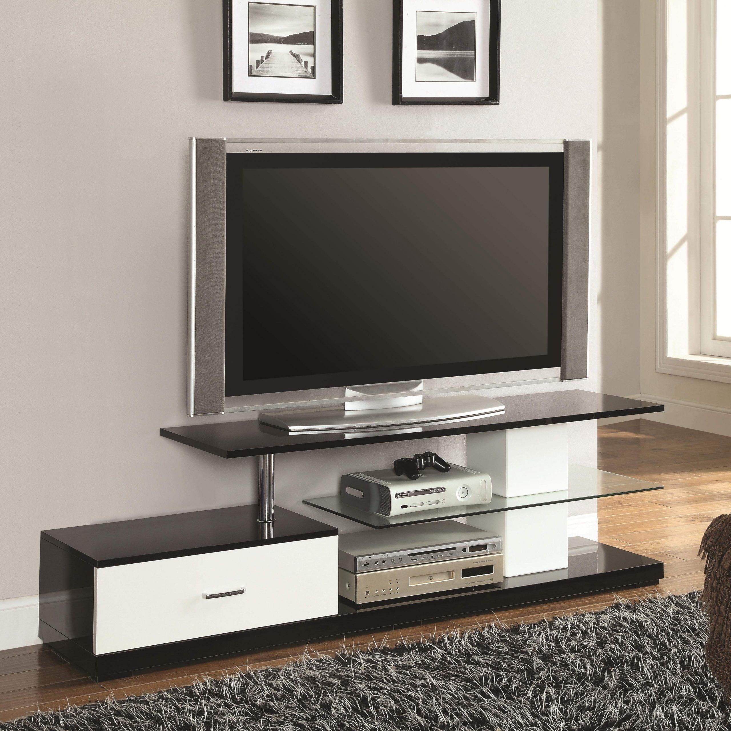 Tv Stands Black, Silver And White Tv Stand With Drawer And Throughout Glass Tv Stands (View 1 of 15)