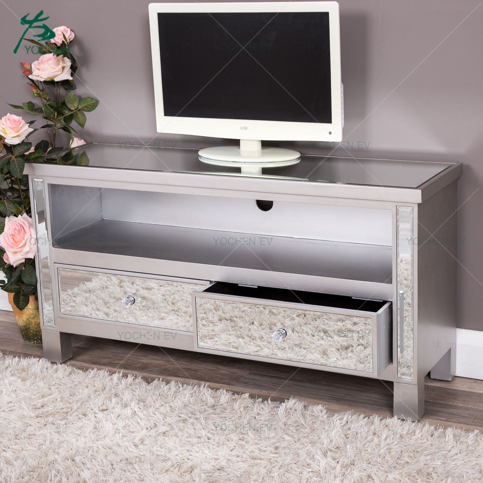 Two Drawers Silver Glass Mirrored Tv Stand With Loren Mirrored Wide Tv Unit Stands (View 2 of 15)