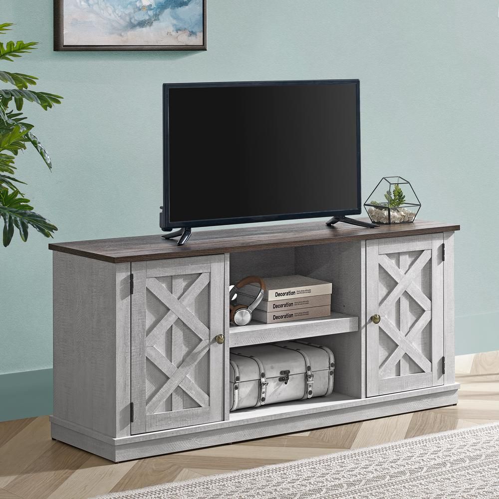 Unbranded 54 In. Saw Cut Off White Tv Stand (fits Tvs Up Pertaining To Bromley White Wide Tv Stands (Photo 9 of 15)