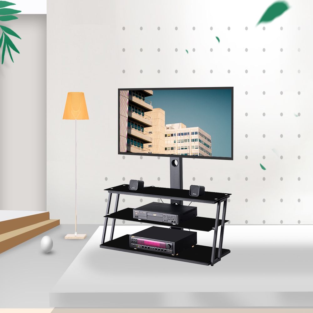 Universal Tv Stand, Angle And Height Adjustable 3 Tier With Whalen Furniture Black Tv Stands For 65" Flat Panel Tvs With Tempered Glass Shelves (View 1 of 15)