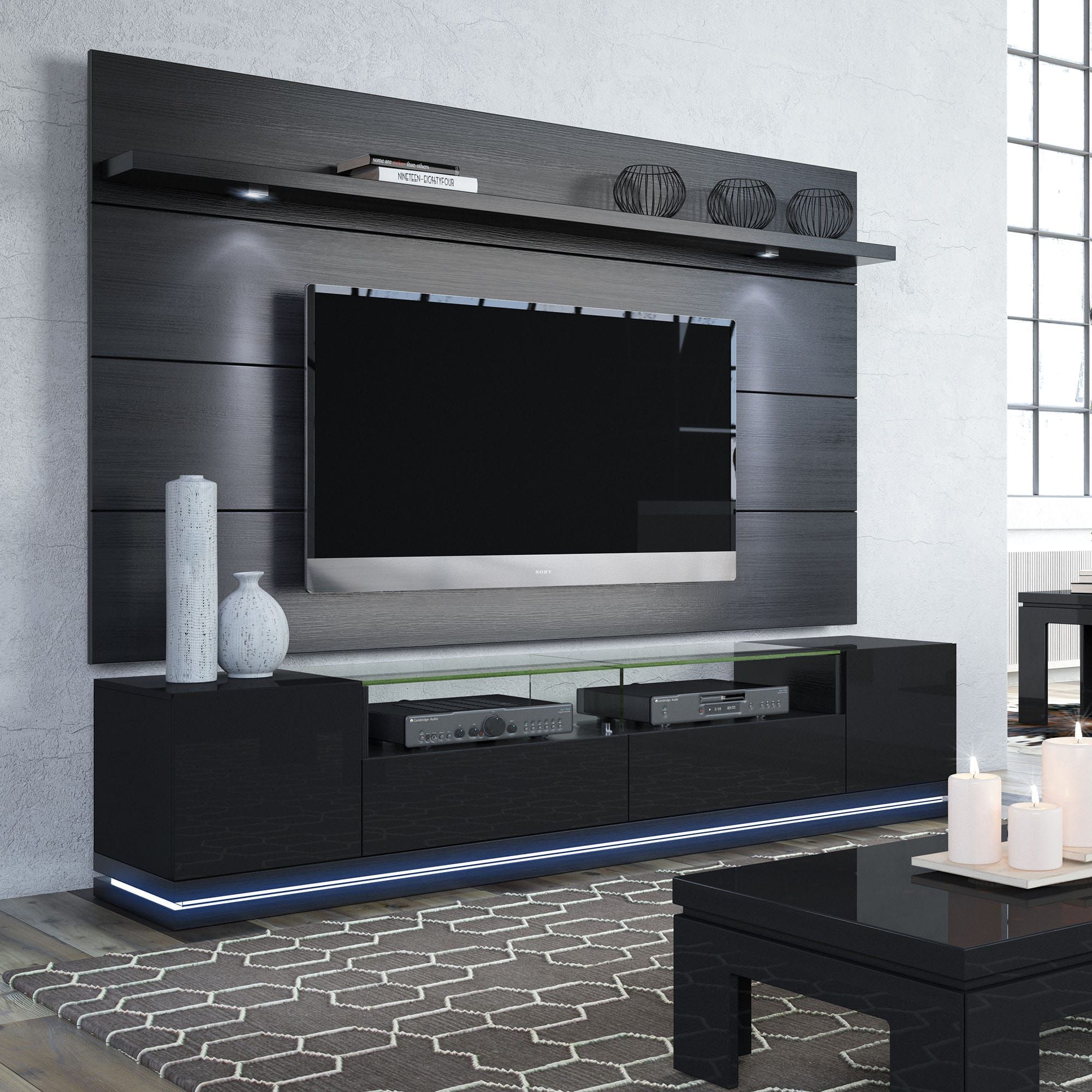 Vanderbilt Black Gloss & Black Matte Tv Stand & Cabrini 2 Throughout Off Wall Tv Stands (View 2 of 15)