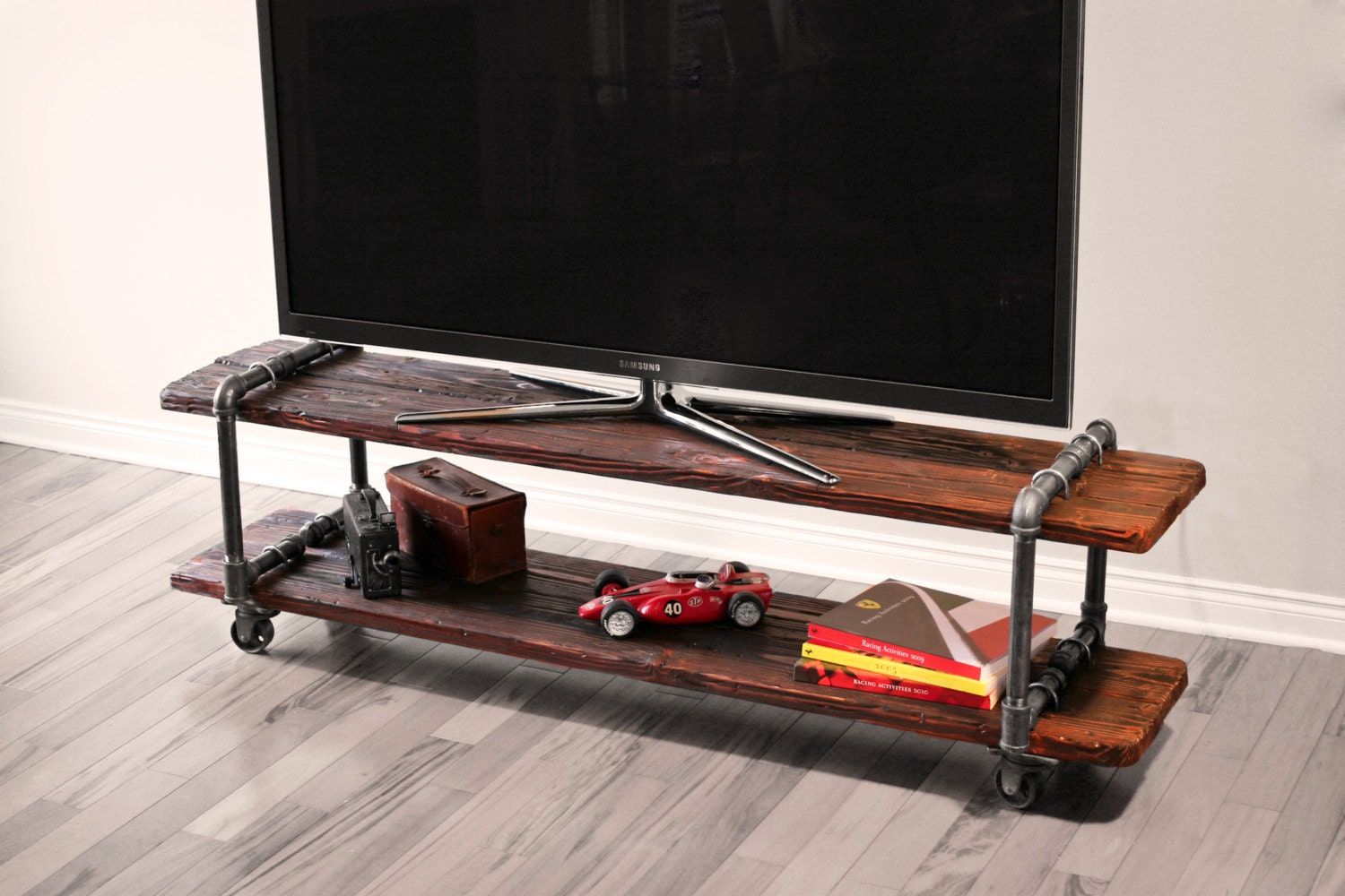 Vintage Industrial Cast Iron Pipe Table Tv Stand Inside Modern Mobile Rolling Tv Stands With Metal Shelf Black Finish (Photo 7 of 15)