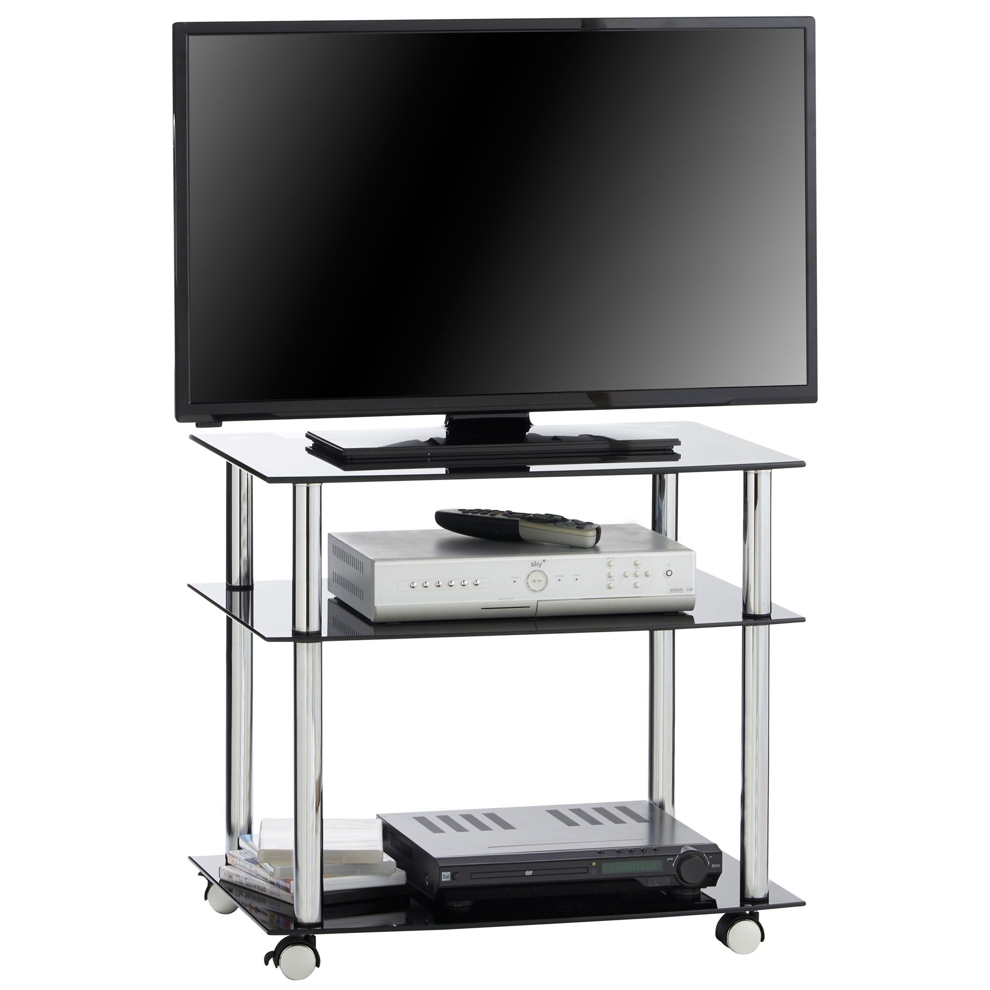 Vonhaus 3 Tier Black Glass Tv Stand Trolley On Wheels With Black Glass Tv Stands (View 2 of 15)