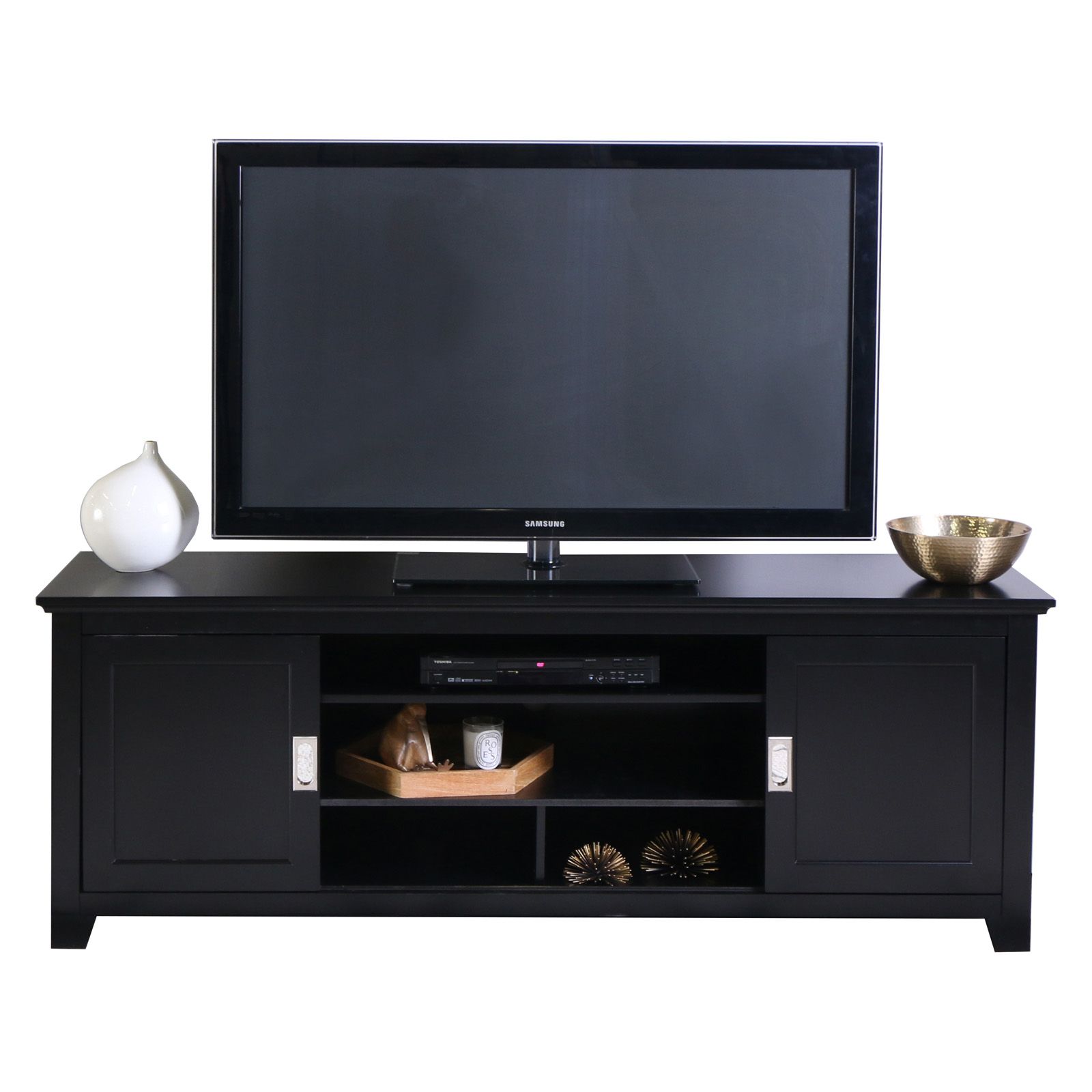 Walker Edison 70 In. Wood Tv Stand With Sliding Doors With Dark Wood Tv Stands (Photo 8 of 15)