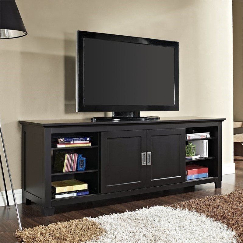 Walker Edison 70" Wood Tv Console With Sliding Doors In Inside Dark Brown Tv Cabinets With 2 Sliding Doors And Drawer (View 12 of 15)