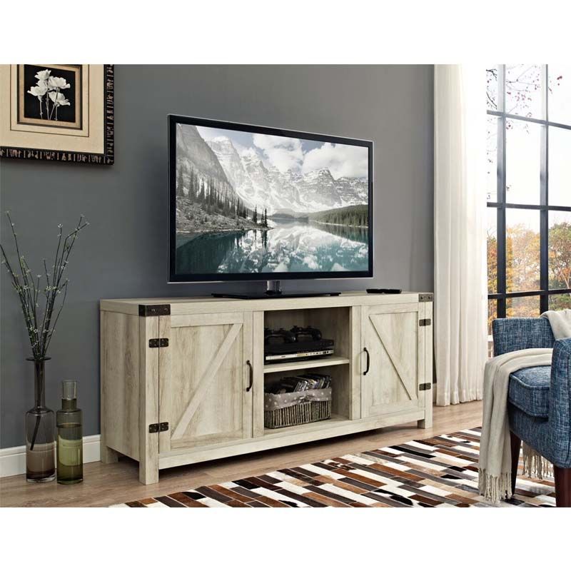 Walker Edison Barn Door Tv Stand With Side Doors (white Intended For Wall Mounted Tv Cabinet With Sliding Doors (View 7 of 15)