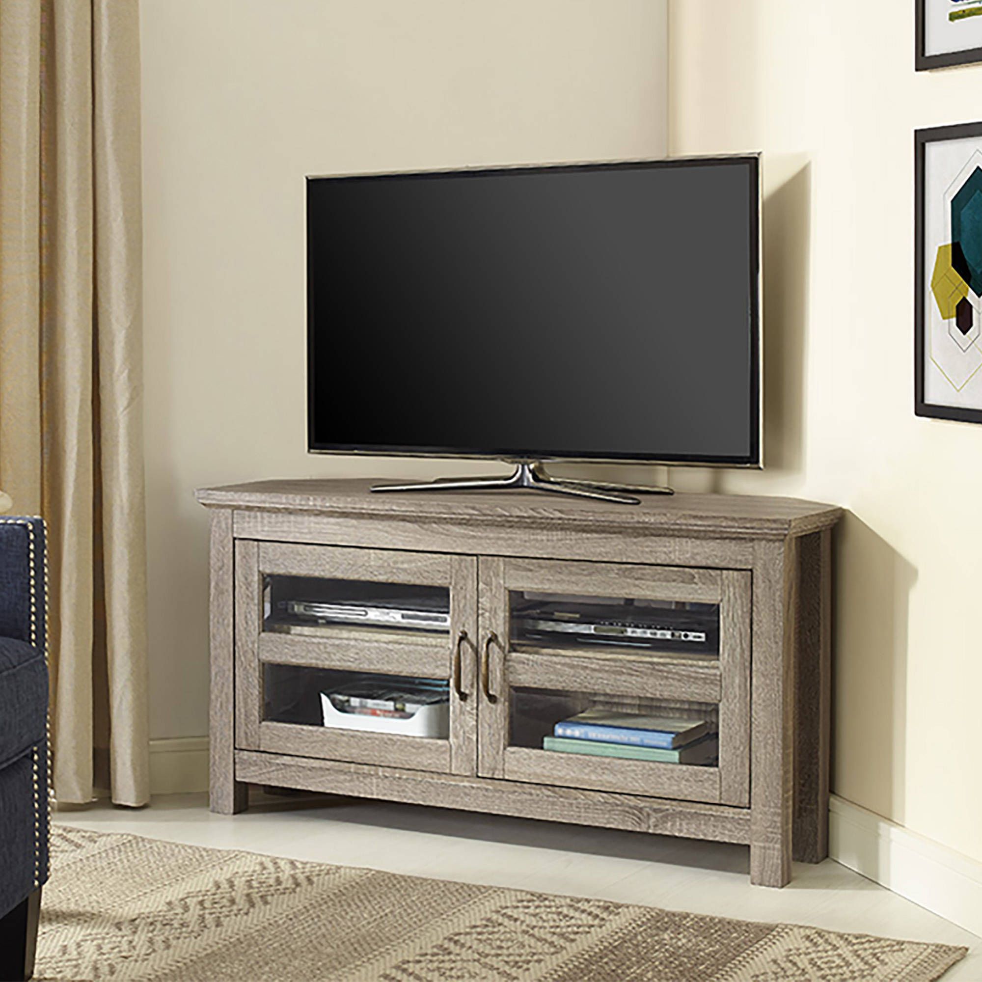 Walker Edison Black Corner Tv Stand For Tvs Up To 48 In Contemporary Black Tv Stands Corner Glass Shelf (View 9 of 15)