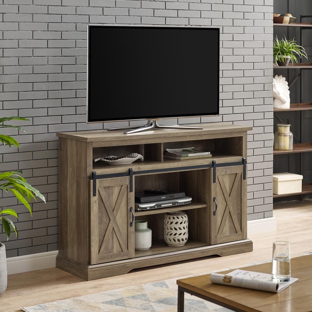 Walker Edison Furniture Company 52 In. Rustic Oak Sliding Pertaining To Rustic Tv Cabinets (Photo 11 of 15)