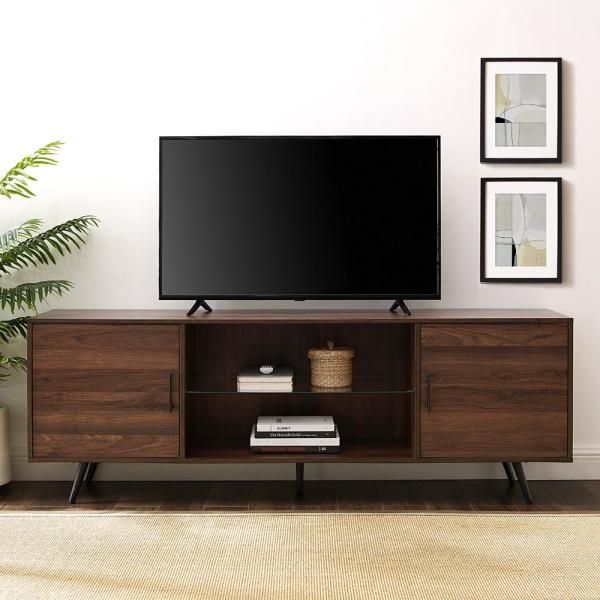 Walker Edison Furniture Company 70 In. Dark Walnut Inside Farmhouse Tv Stands For 75&quot; Flat Screen With Console Table Storage Cabinet (Photo 10 of 15)
